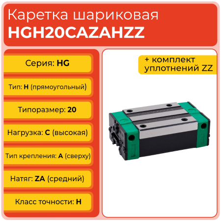 Линейная каретка HGH20CAZAHZZ (HCH20CAZAHZZ) шариковая высокой нагрузки TECHNIX