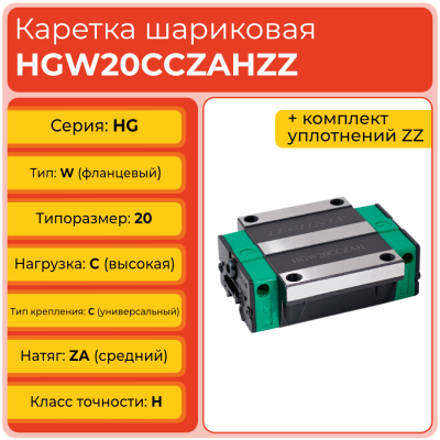 Линейная каретка HGW20CCZAHZZ (HCW20CCZAHZZ) шариковая высокой нагрузки TECHNIX