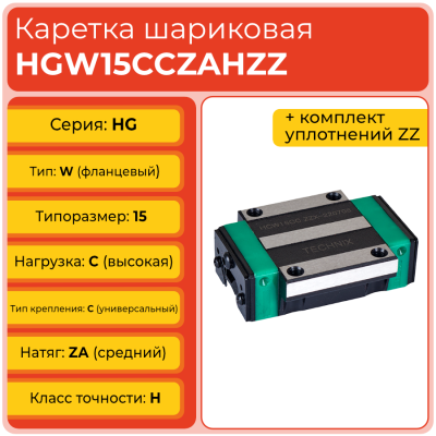 Линейная каретка HGW15CCZAHZZ шариковая высокой нагрузки TECHNIX