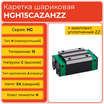 Линейная каретка HGH15CAZAHZZ (HCH15CAZAHZZ) шариковая высокой нагрузки TECHNIX