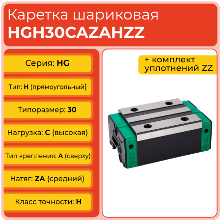 Линейная каретка HGH30CAZAHZZ (HCH30CAZAHZZ) шариковая высокой нагрузки TECHNIX
