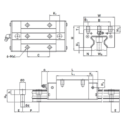 Каретка RGH55CAZAH (роликовая) TECHNIX (чертёж)