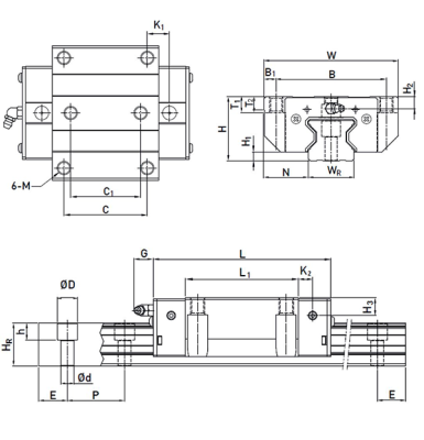 Каретка RGW65HCZAP (роликовая) TECHNIX (чертёж)