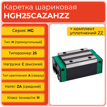Линейная каретка HGH25CAZAHZZ (HCH25CAZAHZZ) шариковая высокой нагрузки TECHNIX